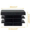 Close-up of a black 30 Pack One And One Half Inch Square Plastic End Cap for square tubing with measurements.