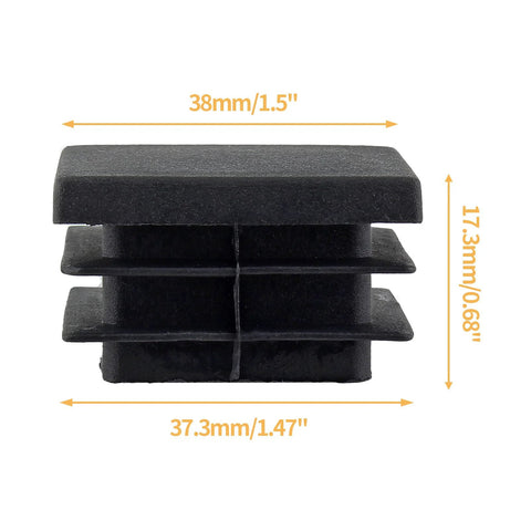 Close-up of a black 30 Pack One And One Half Inch Square Plastic End Cap for square tubing with measurements.