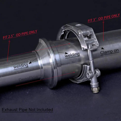 2.5 To 3 Inch Exhaust V Band Adapter Reducer Coupler Stainless Steel 3 To 2.5 Inch Header Collector Reducer Transition Reducing V Band Flange Beefy Heavy Duty Two Packs installed with clamp on pipe