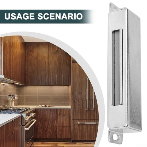 Heavy Duty Magnetic Door Catch 80 Lbs 304 Stainless Steel Cabinet Latch shown beside wooden kitchen cabinetry use scenario
