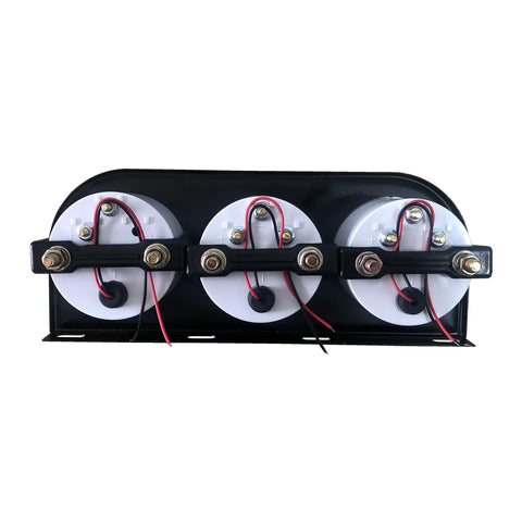 Rear view of three 52mm auto gauge meters on a black console with red/black wires and terminal posts
