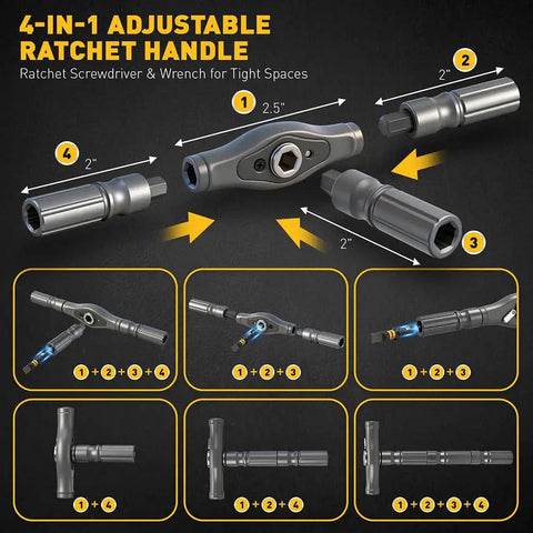 4-in-1 adjustable ratchet handle for 46 In 1 Magnetic Pro Grade Ratchet Screwdriver Set With Detachable Handle And Storage Case Multi Bit Nut Driver Kit