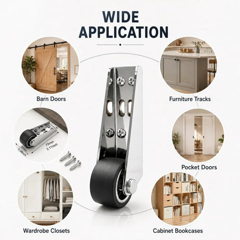 Heavy Duty Sliding Door Bottom Rollers Two Pack Vertical Track Guide Wheels with rubber tires for barn doors and wardrobes.