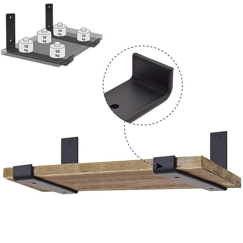 Badass Heavy Duty Metal Wall Shelf Brackets With Lip Slick Industrial Diy Floating Shelf Support System Black Anti Rust Finish Straight Up Reliable Mounting Hardware 2 Pack showing close-up of black iron bracket with wood shelf.