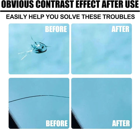 Comparison of windshield chips and cracks before and after using Windshield Crack Repair Kit Two Pack For Chips And Star Shaped Cracks Quick Fix Glass Repair Fluid With Fast Cure Looks Like New In Twenty Minutes Upgraded 2024 Car Window Glass Repair Kit For Home And Auto.