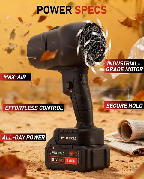 Beast Cordless Leaf Blower With 350000 RPM Turbo Motor And Lightweight Handheld Design Includes Two 3.0Ah Batteries And Fast Charger Delivers High Velocity Fifty Meters Per Second Airflow For Snow Lawn Yard Patio And Deck Cleaning Black on sandy background
