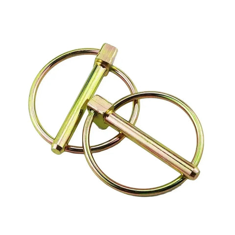 Heavy Duty Self Locking Lynch Pin Kit with Spring Steel Annular Ring Pins, close-up view of two pins on white background.