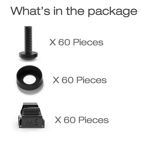 Straight Up Heavy Duty M6 Screws And Cage Nuts 60 Pack For Server Rack Shelves Cabinet Mount Hardware showing three black components.