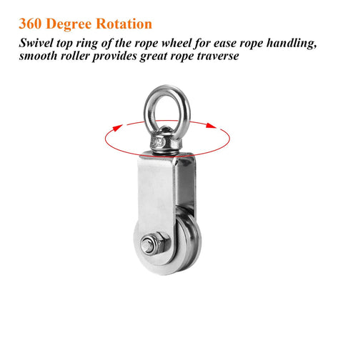 Stainless Steel Snatch Rigging Pulley Wheel Heavy Duty Rope Pulley Blocks With Carabiner For Rigging And Lifting Gym Equipment Two Pack 1.34 Inch Wheel Diameter showing swivel top