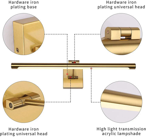 Dimmable LED Picture Light for Artwork 24.4 Inch Swing Arm Wall Lamp Full Metal Brass Finish details and components.