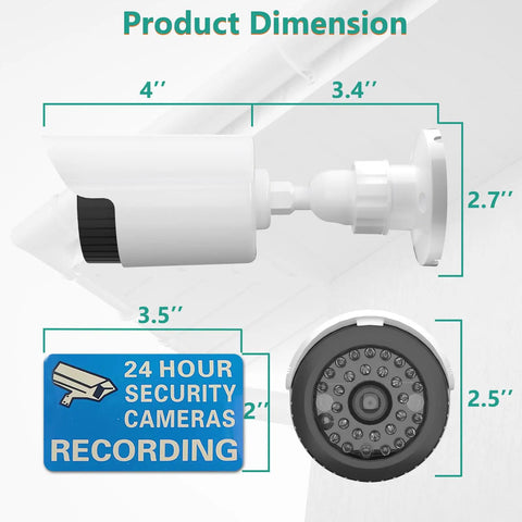 Two Pack Fake Security Camera Dome With LED Light Realistic Dummy CCTV Look For Indoor And Outdoor Use shown with dimensions