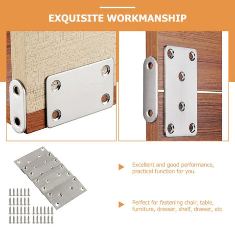 Flat Corner Brace Plates Set Stainless Steel With Screws 10 Piece Kit illustrating installation on wooden furniture