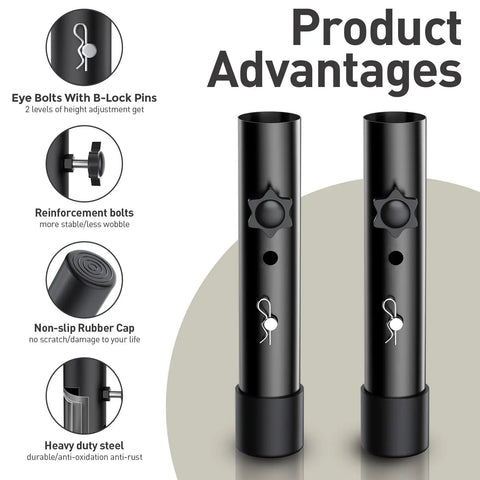 Heavy Duty Adjustable Table Leg Extenders show eye bolts, reinforcement bolts, and non-slip rubber caps for stability.