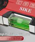 Close-up of SIKE G20 Spirit Level, Red Aluminum, featuring shockproof vials and accuracy details.