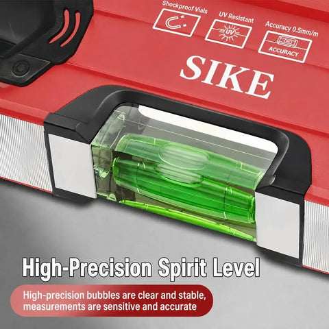 Close-up of SIKE G20 Spirit Level, Red Aluminum, featuring shockproof vials and accuracy details.