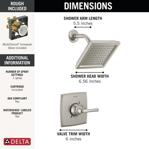 Geist 14 Series Shower Faucet Set With Brushed Nickel Finish shower head and valve dimensions shown