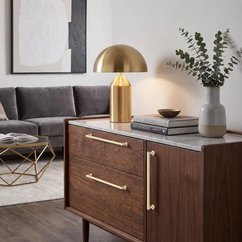 2 Pack Of 6 Inch Matte Gold Cabinet Pulls With Brushed Satin Finish For Kitchen Cabinets And Bathroom Drawers Featuring A Solid Zinc Alloy Build showcased on a modern sideboard.