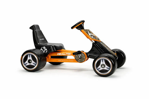 Side view of Realtree Licensed Pedal Go Kart for kids ages 3 to 6, with easy pedals, smooth rolling wheels, and durable steel frame.