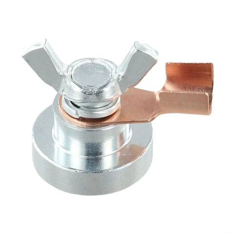 Super Cool Magnetic Welding Ground Clamp With Heavy Duty Iron Base And Secure Grip For Welding Tables Rails And Metal Poles To Make Your Job Easier, featuring a silver metal base and copper attachment.