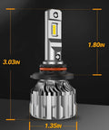 9005 HB3 Off Road Fog Light Bulbs 46000LM Ultra Bright 6500K Cool White With Fan, Mini Size, dimensions labeled