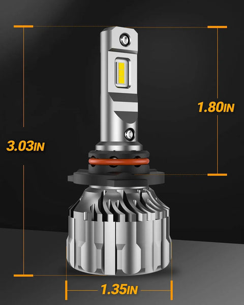 9005 HB3 Off Road Fog Light Bulbs 46000LM Ultra Bright 6500K Cool White With Fan, Mini Size, dimensions labeled