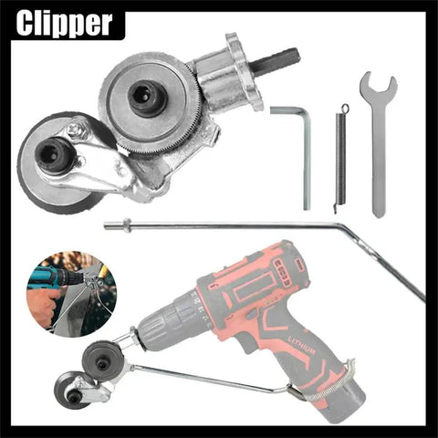 Universal Power Drill Sheet Metal Cutter Attachment Heavy Duty Steel Shear Clip For Copper Aluminum Iron Up To 1.5 Mm close-up of cutter with drill.
