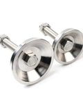4 Pack Heavy Duty M16 Leveling Feet For Workbenches And Machinery, Carbon Steel Adjustable Screw Leg Levelers With 3.1 Inch Base And Matching Nuts, Perfect For Leveling Tables, Cabinets, And Equipment On Uneven Floors. Two carbon steel M16 leveling feet with nuts shown at an angle