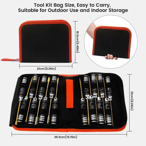 Remote Control Car Tool Kit 16 Piece Screwdriver Set with titanium alloy drivers and storage bag, dimensions shown in image.