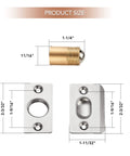 Two Pack Adjustable Door Ball Catch Set In Silver with dimensions, brass body, and stainless strike plate shown in diagram.