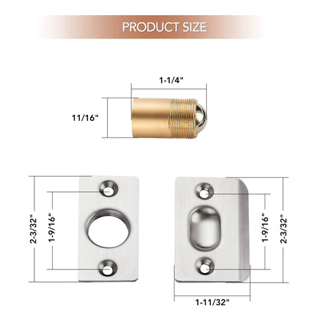Two Pack Adjustable Door Ball Catch Set In Silver with dimensions, brass body, and stainless strike plate shown in diagram.