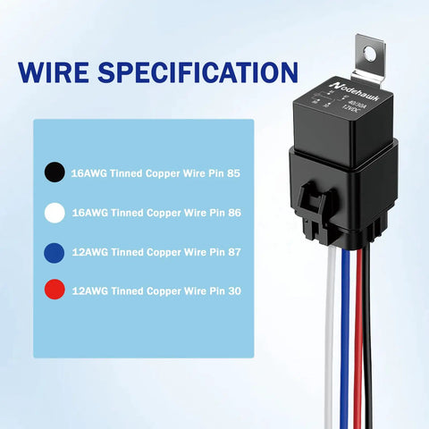 Heavy Duty 4 Pin 12V DC Automotive Relay 40 And 30 Amp Waterproof With Harness And 12 AWG Tinned Copper Wires Marine Grade