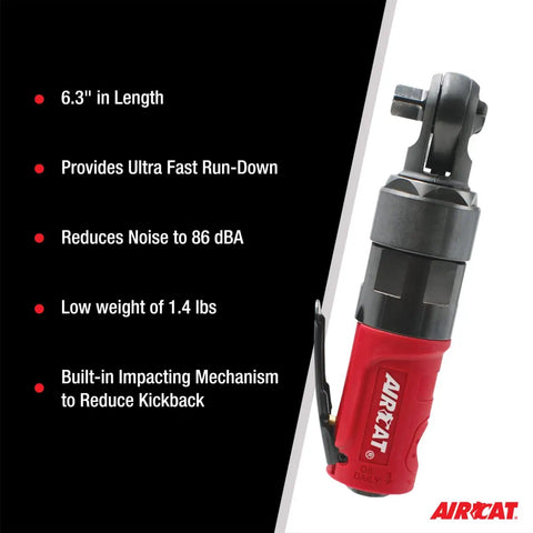 Three Eighths Inch Compact Pneumatic Impact Ratchet with 50 ft-lb torque and ergonomic handle, highlighted features and specs.