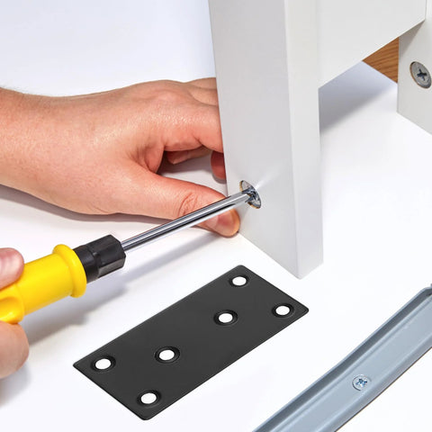 Eight Piece Black Metal Flat Mending Plates Set with 40 Screws and Screwdriver for repairing wood shelves and furniture assembly