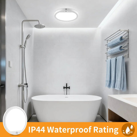 Rechargeable Motion Sensor Ceiling Light With Remote USB C Battery Powered LED 3000K 4000K 6500K Adjustable Color installed in bathroom