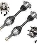 4WD Front Wheel Bearing Hubs And CV Axles Kit For Silverado 1500 Sierra Suburban Tahoe Yukon XL Avalanche And Cadillac Escalade ESV EXT AWD Ready To Roll Replacement Parts For A Smooth Quiet Ride And Easy Install featuring two shiny metal axles and silver hubs on a white background.