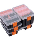 Four Piece Toolbox Storage Set With Customizable Removable Dividers Heavy Duty Durable Plastic Organizers For Tools And Parts Versatile Carry Case For Home Workshop Or Garage Pro Grade Bold Black And Orange Garage Ready, stacked view, clear lids, orange latches.