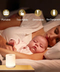 Mother and baby sleeping with Touch Night Light For Nursery And Bedroom Cordless Battery Powered Dimmable Lamp in foreground