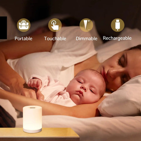 Mother and baby sleeping with Touch Night Light For Nursery And Bedroom Cordless Battery Powered Dimmable Lamp in foreground