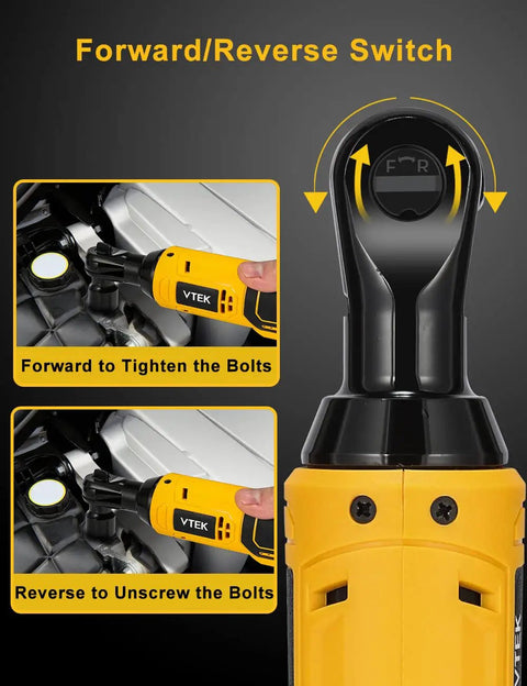 Cordless Three Eighths Inch Ratchet Wrench 16.8V Power Tool With 40 Ft-Lbs Torque At 400 RPM showcasing forward/reverse switch