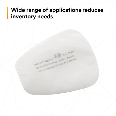 NIOSH P95 Respirator Filter Replacements, 5 Pairs, close-up of white prefilter with printed model details on surface.
