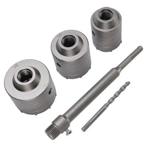 Durable Hole Saw Kit For Concrete Drilling With Tungsten Steel Blades 55mm 65mm 75mm Set For Hollow Brick And Cement Wall Projects Built To Last Rust Resistant Drill Bit Set For Construction Built For Pros And DIYers, 3 bits and shank