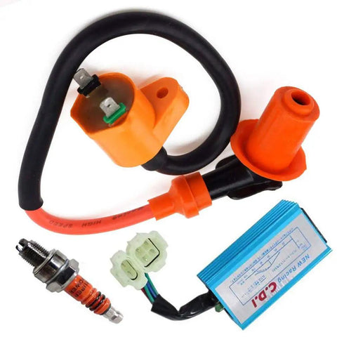 High Performance GY6 Ignition Coil Kit For 50cc 125cc 150cc Scooters ATVs Mopeds Go Karts And Dirt Bikes With 6 Pin CDI And 3 Electrode Spark Plug Fits TaoTao Roketa Buyang Coolspor Honda TRX200 Series Race Ready including coil, CDI, and spark plug