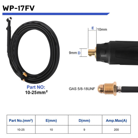 Flexible 13 Foot Air Cooled TIG Welding Torch With WP17FV Head, 10-25 And 35-50 Plug Valves, adjustable torch design