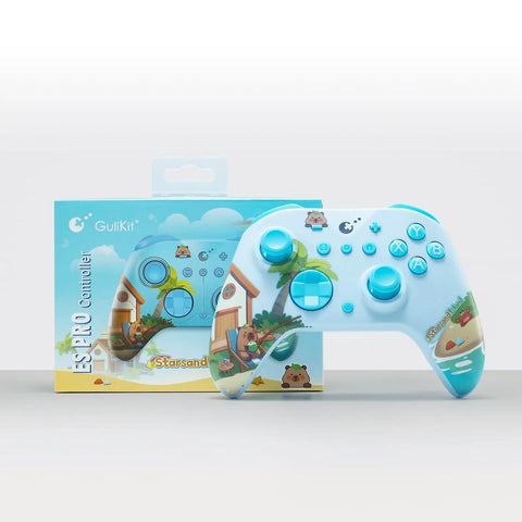 Grab This Limited Edition Starsand Island Collab Wireless Pc Controller Featuring Blazing Fast Three Point Two Five Millisecond Latency Tmr Joysticks For Pro Level Esports Gaming With Cool Light Blue Gradient Shell And Adorable Capybara Artwork in front of its box.