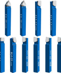10-piece blue 1/4in carbide-tipped lathe cutting tool set with assorted profiles for turning, boring, and chamfering