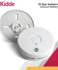 Smoke And CO Alarm Combo With 10 Year Battery Replacement Alert For Home Safety Photoelectric And Electrochemical Sensors Easy Install Kit 4 Count Pack Today, showing Kidde with 10-year sealed-in battery and installation base.