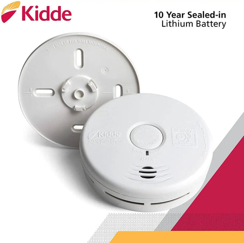 Smoke And CO Alarm Combo With 10 Year Battery Replacement Alert For Home Safety Photoelectric And Electrochemical Sensors Easy Install Kit 4 Count Pack Today, showing Kidde with 10-year sealed-in battery and installation base.