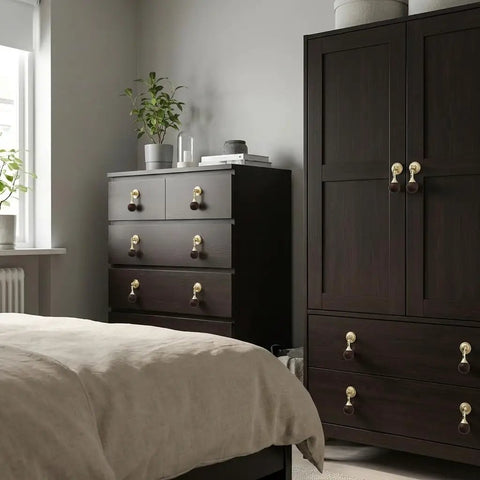 Bedroom dresser and wardrobe with Gold Pendant Knobs Set 12 Pack for Cabinets and Furniture, Heavy Duty Zinc Alloy With Wood Ball.