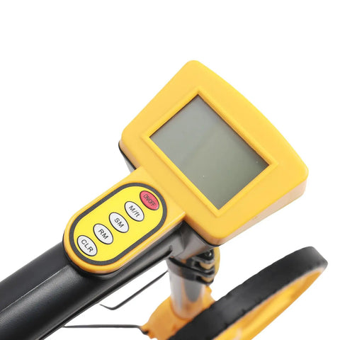 Close-up of Badass Digital Measuring Wheel Telescoping Handle with bright screen and control buttons for landscaping jobs.