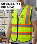 High Visibility Reflective Safety Vest With Custom Logo Hi Vis Work Uniform Built Tough For Construction Sites And Trucking Pros Who Gotta Get The Job Done, features multiple pockets, clear ID window, and vibrant colors.